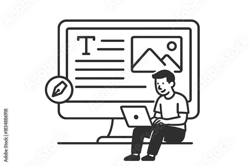 Digital content creator working on a computer screen with text editing and image layout tools