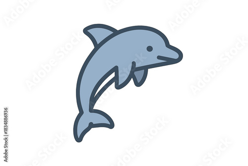 Stylized blue dolphin marine animal swimming or jumping against a clean white background