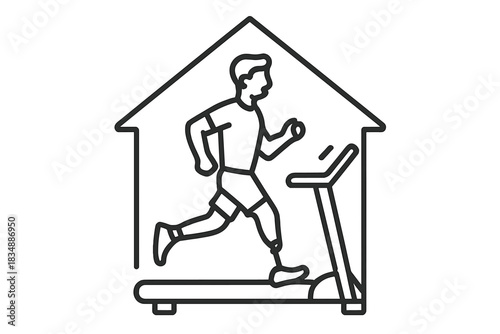 Man running on a treadmill inside a house outline symbolizing home fitness and indoor exercise training