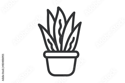 Simple black line art of a potted houseplant with long spiky leaves in a decorative container