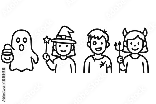 Outline of children dressed in Halloween costumes: ghost, witch, zombie, and devil figures