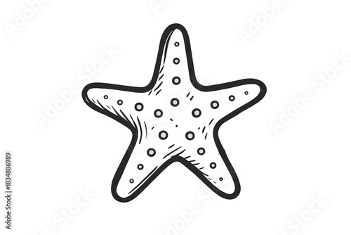 Black and white hand drawn outline of a starfish or sea star marine animal isolated on white