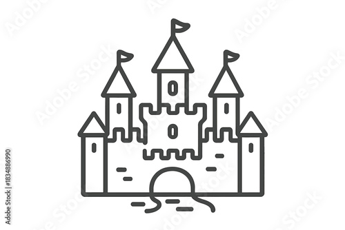 Fantasy castle outline with multiple towers, flags, and drawbridge entrance