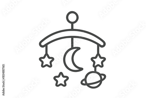 Baby mobile hanging with crescent moon, stars, and ringed planet toy