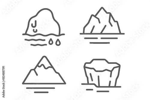 Four distinct outline symbols showing icebergs, floating ice, and mountains rising from the water surface