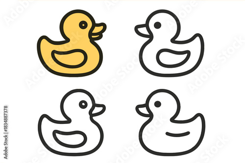 Four cute rubber duck icons showing color and outline versions for bath time fun