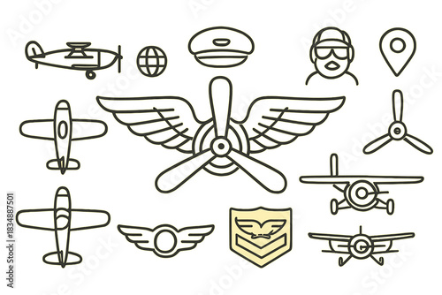 Outline icons set featuring aviation, flight, pilot gear, and vintage aircraft symbols