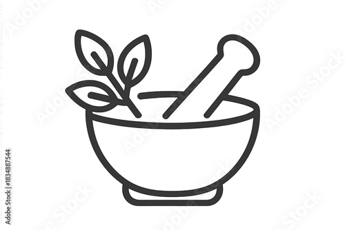 Mortar and pestle with fresh herbs symbolizing natural medicine and pharmacy