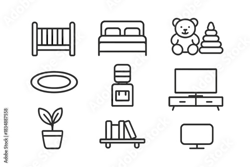 Minimalist black outline icons featuring home furniture and household objects