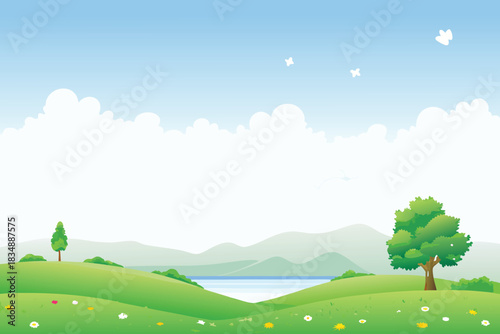 a serene landscape featuring rolling green hills with a clear blue sky