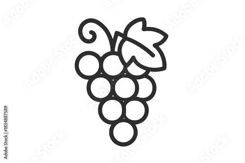 Minimalist drawing of a ripe bunch of grapes featuring a single prominent leaf and curling vine tendril