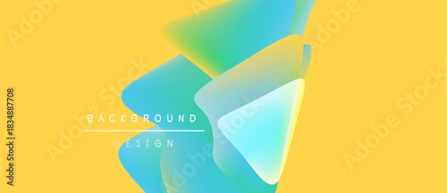 Abstract geometric shapes overlap, creating vibrant color gradients. Yellow background complements turquoise, teal hues. Text reads background design.