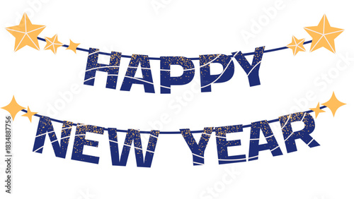 Festive Happy New Year banner with sparkling stars, a joyful design for holiday promotions, greeting cards, and celebratory social media posts