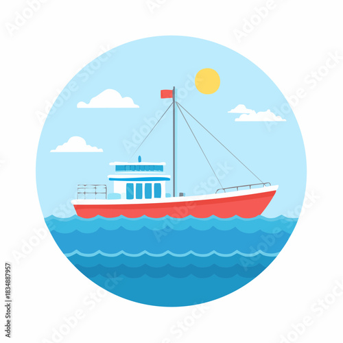 A red and white fishing boat sailing on blue ocean waves under a sunny sky with clouds.