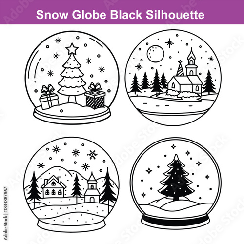 Isolated black silhouette displays a serene snow globe landscape with trees and stars