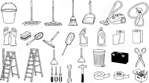 Hand-drawn collection of common household cleaning supplies and essential tools for home maintenance and chores