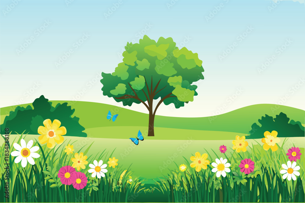 Fototapeta premium a vibrant landscape featuring a lush green tree flowers and a blue