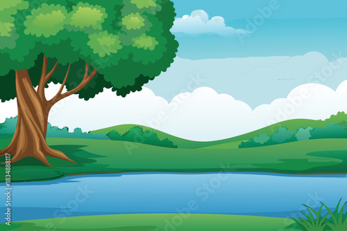 a lush green landscape featuring a large tree and a calm river
