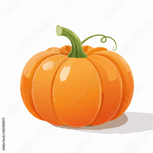 A vibrant orange pumpkin with a green stem and tendril, casting a subtle shadow on a white background.