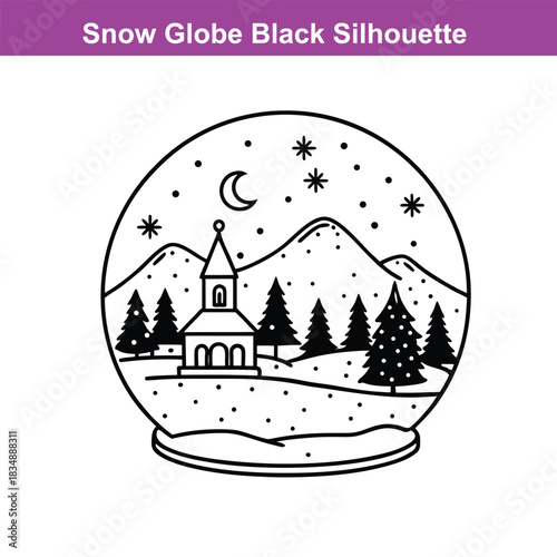 Isolated black silhouette displays a serene snow globe landscape with trees and stars