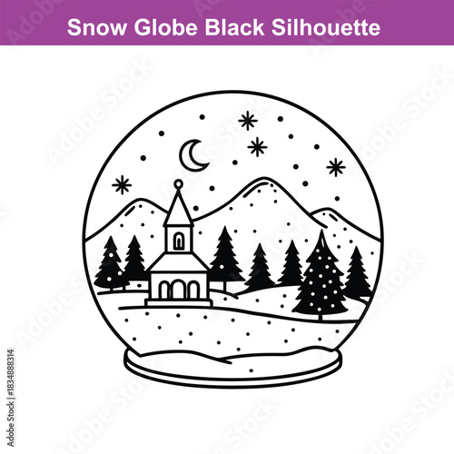 Isolated black silhouette displays a serene snow globe landscape with trees and stars