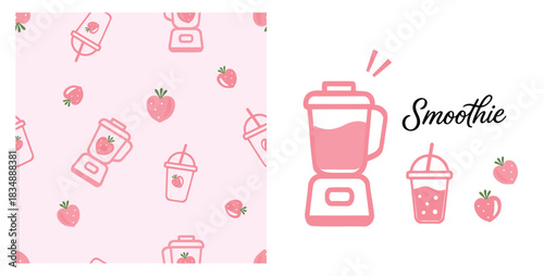 Strawberry smoothie blender cute seamless pattern and icon set vector.