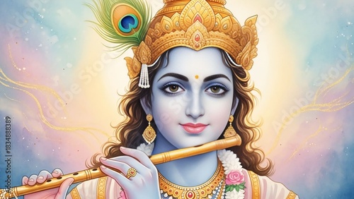 Lord krishna playing his flute with a peacock feather in his crown