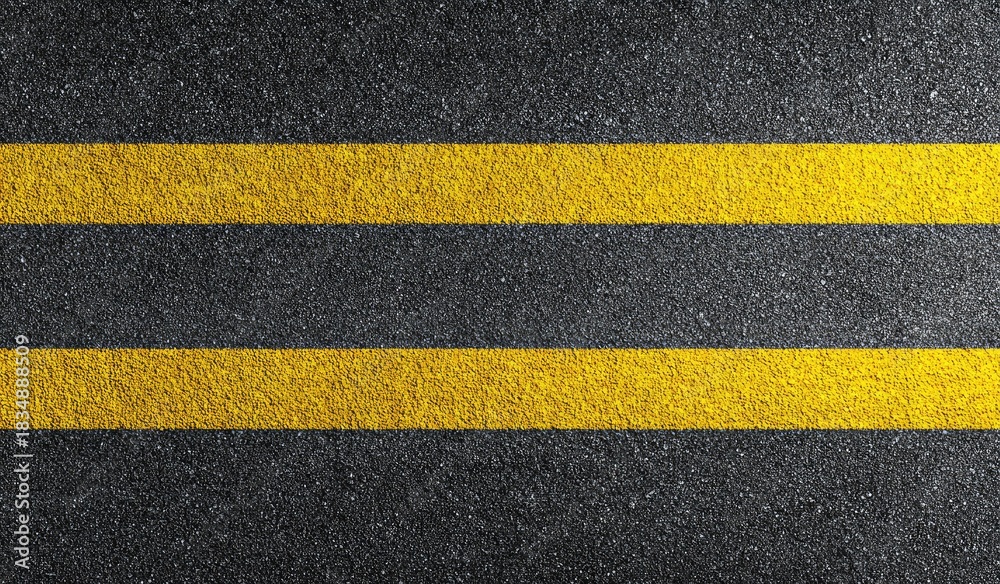 Fototapeta premium Black asphalt with two vibrant yellow lines. Road surface texture. Horizontal lines