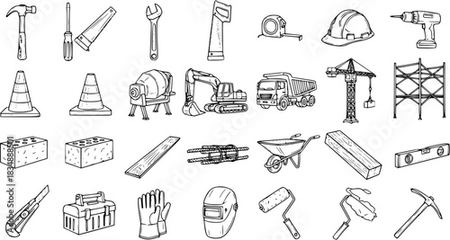 Hand-drawn black and white vector icons of various construction tools, equipment, machinery, materials, and safety gear for building and renovation projects.