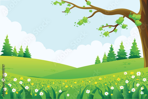 a tranquil landscape with rolling green hills blooming flowers and fluffy white