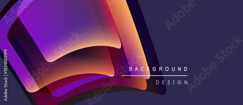 Abstract design features vibrant layers, gradients. Purple, orange hues dominate dark background. Modern aesthetic, simple text overlay present.