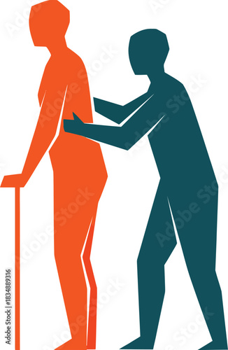 A stylized graphic of a teal caregiver gently supporting an orange elderly person with a walking cane.