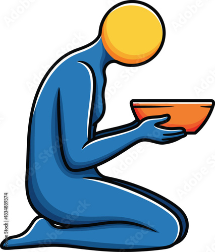 A stylized blue figure with a yellow head kneeling and humbly holding an orange bowl.