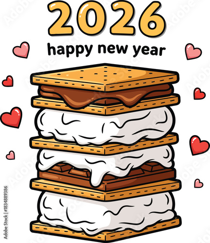 A tall multilayered cartoon smore with gooey melted marshmallow and dripping chocolate.