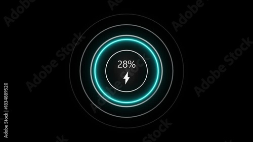 Neon loading animation counting from 0 to 44%, featuring a glowing green circle, and a charging connector on black background. Charging screen 44% percent, screen call phone display charging battery
