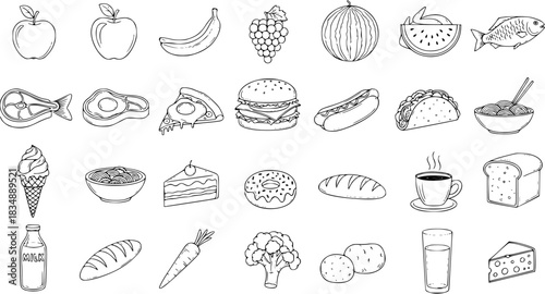 Food Icons Line Art Collection: Fruits, Veggies, Meats  Snacks