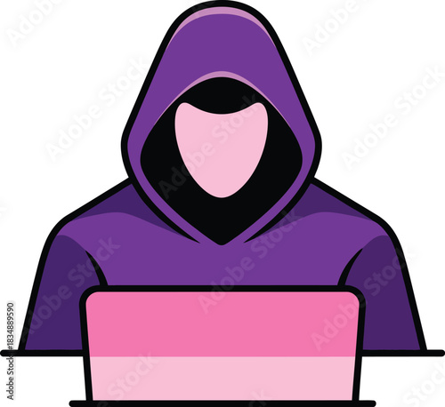 Anonymous hacker in a purple hoodie with a pink laptop a stylized vector icon.
