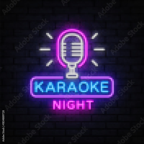 Bright neon sign with a vintage microphone and the phrase Karaoke Night. Perfect for club posters or music bar decor.