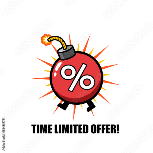 Cartoon Percent Bomb Mascot Running for Time Limited Offer Discount, bomb