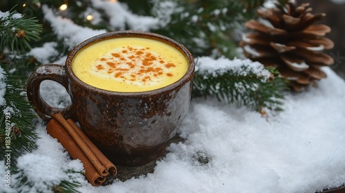 Golden milk turmeric latte recipe winter scene with snow and cinnamon sticks christmas holiday drink