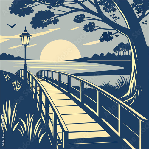 Scenic Sunset Lakeside Bridge Landscape Illustration