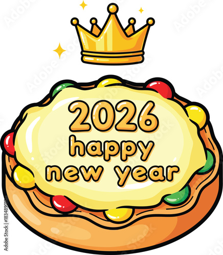 Cartoon 2026 Happy New Year donut with yellow frosting colorful candy and a floating golden crown.