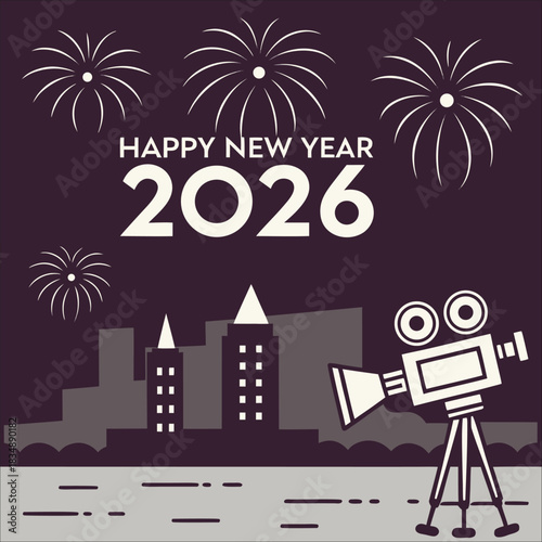 Happy New Year 2026 Cinematic Fireworks City Illustration
