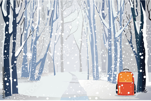 a winter scene featuring a snow covered forest path and orange backpack