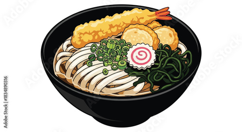 Japanese Udon or Soba Noodle Soup with Tempura Shrimp