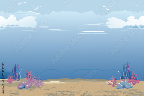 a calm blue seascape with fluffy white clouds and sandy seabed plants
