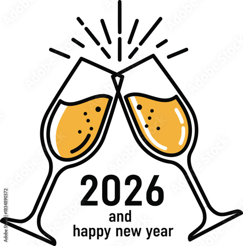 Clinking champagne glasses icon with golden bubbly liquid for a Happy New Year 2026 toast.