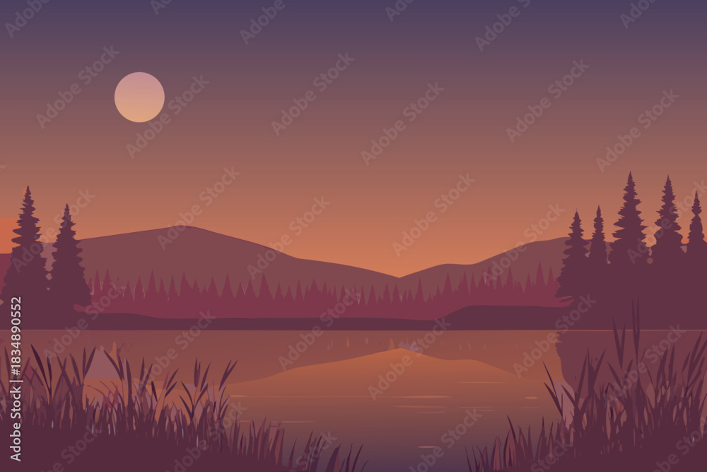 Obraz premium A peaceful landscape with silhouetted trees mountains and a bright full moon