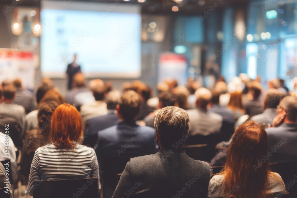 Fototapeta premium Business professionals engaged in a presentation at a modern conference venue during the afternoon