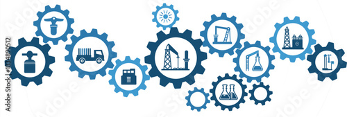 Blue Gears Displaying Industrial Icons Including Oil Rigs, Trucks, and Chemical Equipment industry
